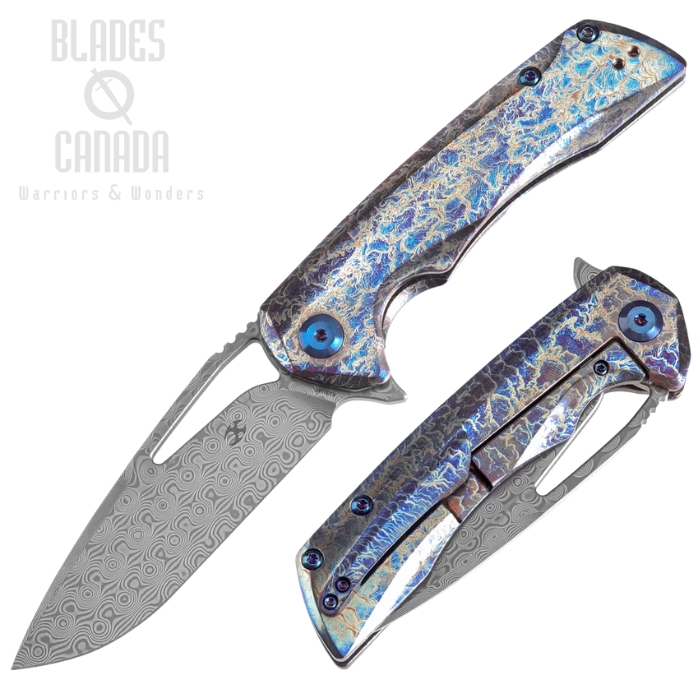 Kansept Kryo Flipper Framelock Knife, Damascus, Titanium Lightning Strike, K1001A6