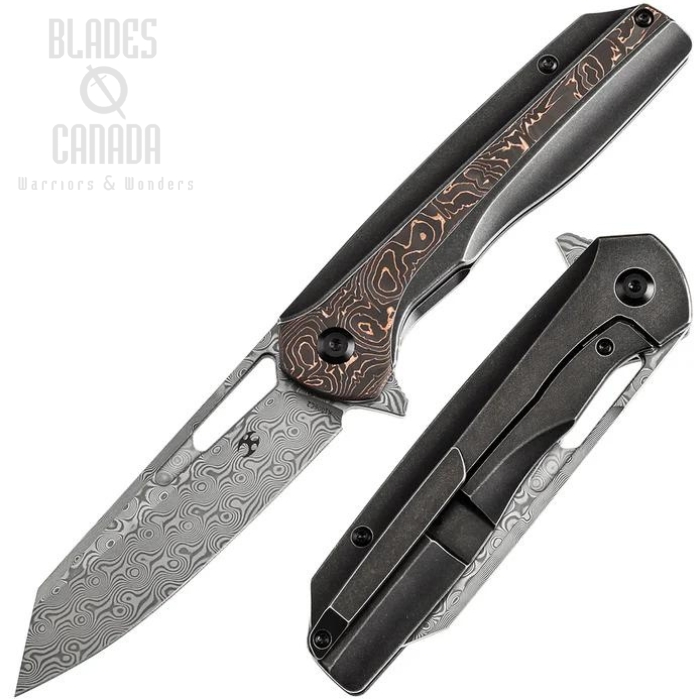 Kansept Shard Flipper Framelock Knife, Damascus, Titanium/Carbon Fiber Copper, K1006C2