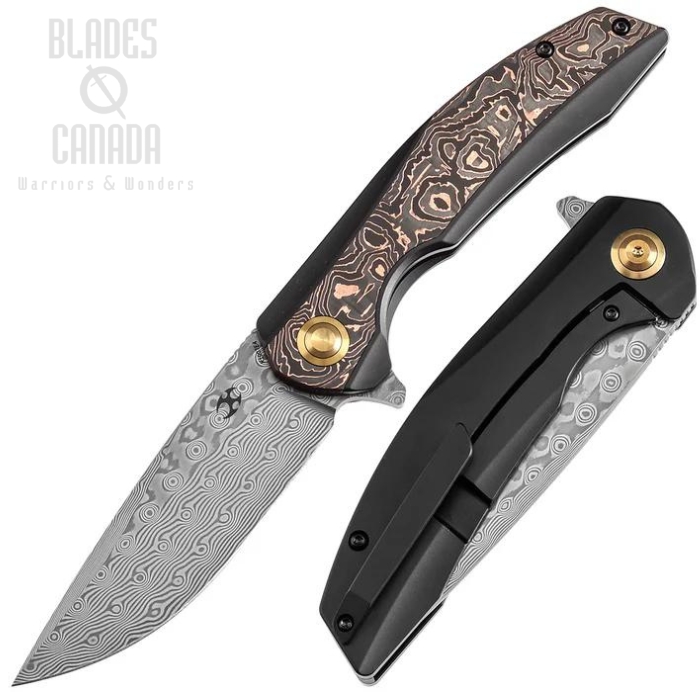 Kansept Accipiter Flipper Framelock Knife, Damascus, Titanium Black/Carbon Fiber Copper, K1007E4