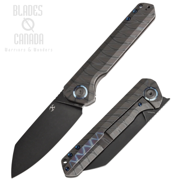 Kansept Bulldozer Flipper Framelock Knife, CPM 20CV Black SW, Titanium Tiger Stripe, K1028A6