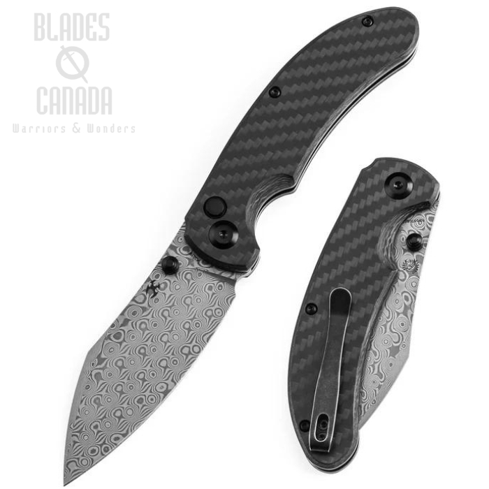 Kansept Nesstreet Button Lock Folding Knife, Damascus, Carbon Fiber Twill, K1039F6