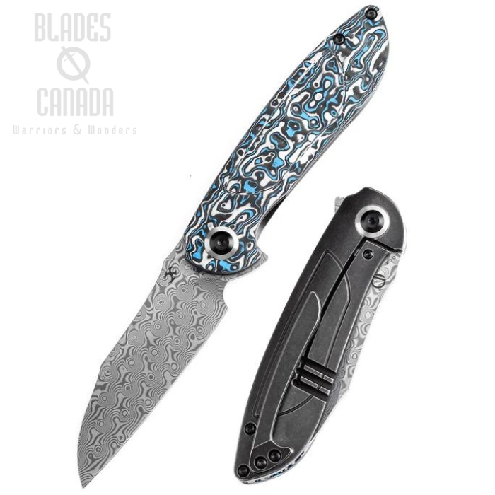 Kansept Prometheus Flipper Framelock Knife, Damascus, Carbon Fiber Blue Whire Nebula, K1040A3