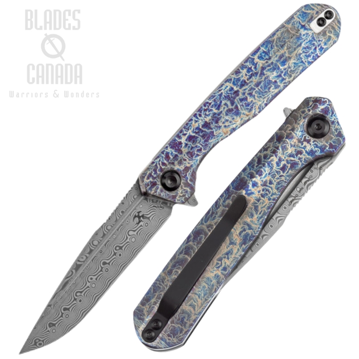 Kansept Qilin Flipper Folding Knife, Damascus, Titanium Lightning Strike, K1047A3