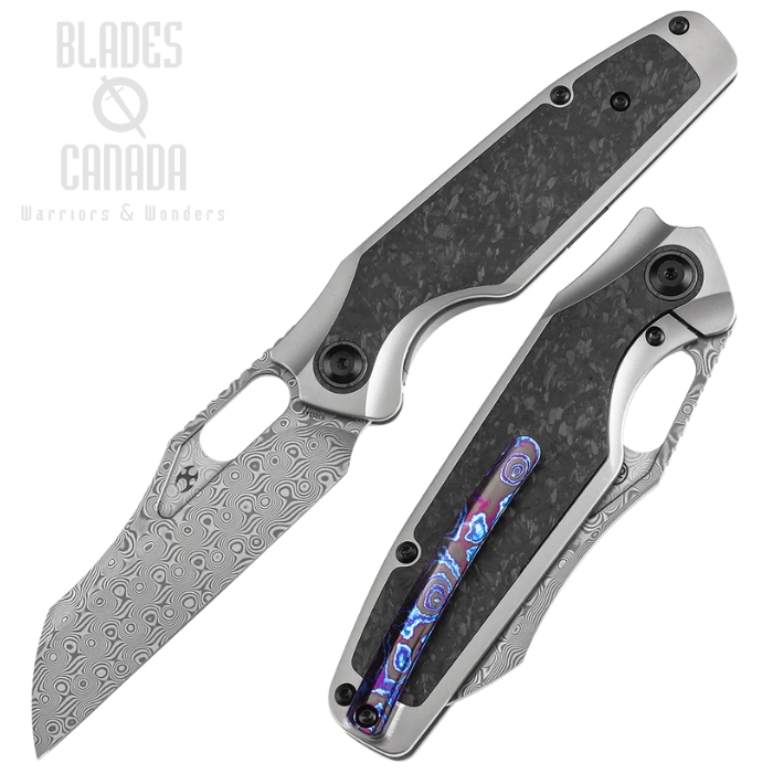 Kansept Tuckamore Framelock Folding Knife, Damascus, Titanium/Carbon Fiber Shred, K1052A5