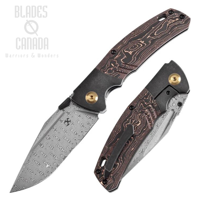 Kansept Hinterland Framelock Folding Knife, Damascus, Titanium Blackwash/Carbon Fiber Copper, K1057A3