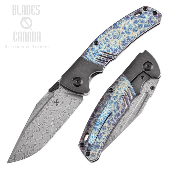 Kansept Hinterland Framelock Folding Knife, Damascus, Titanium Blackwash/Lightning Strike Inlay, K1057A6