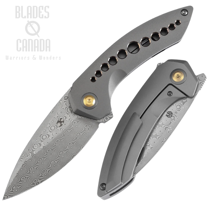 Kansept ODD 21 Flipper Framelock Knife, Damascus, Titanium Grey w/Bronze Ano, K1077A2