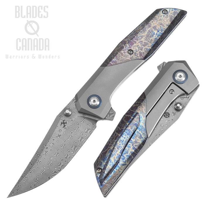 Kansept Deadite Flipper Framelock Knife, Damascus, Titanium Lightning Strike, K1081A2