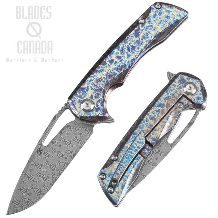 Kansept Mini Kryo Flipper Framelock Knife, Damascus, Titanium Lightning Strike, K2001S2