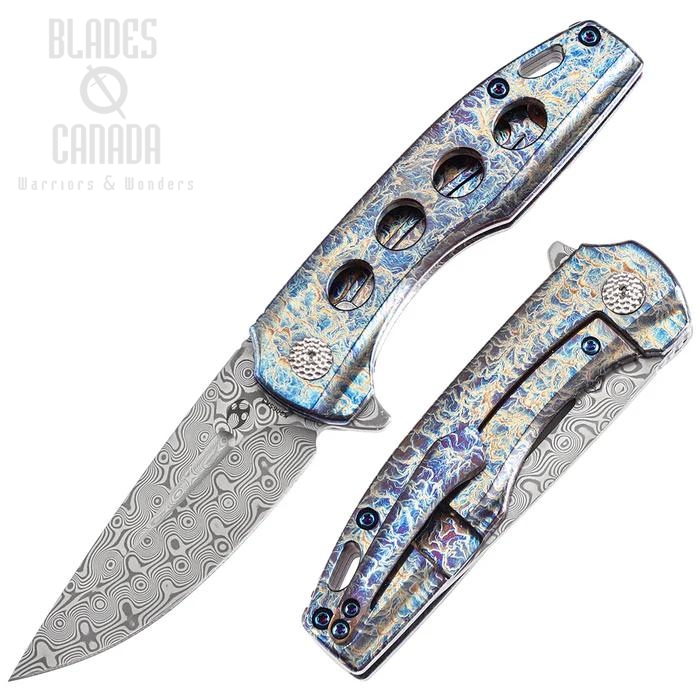 Kansept Cassowary Flipper Framelock Knife, Damascus, Titanium Lightning Strike, K2065A3