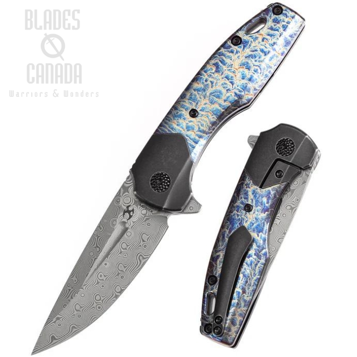 Kansept Cassowary Flipper Framelock Knife, Damascus, Titanium Lightning Strike, K2065B4