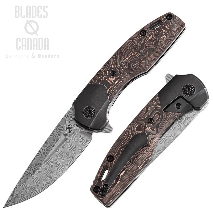 Kansept Cassowary Flipper Framelock Knife, Damascus, Titanium Black/Carbon Fiber Copper, K2065B5