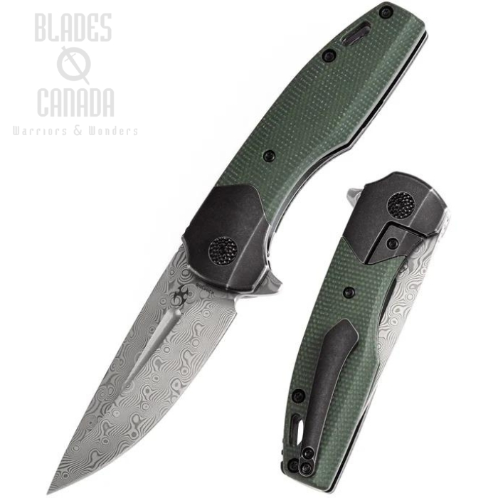 Kansept Cassowary Flipper Framelock Knife, Damascus, Titanium Black/Micarta Green, K2065B6