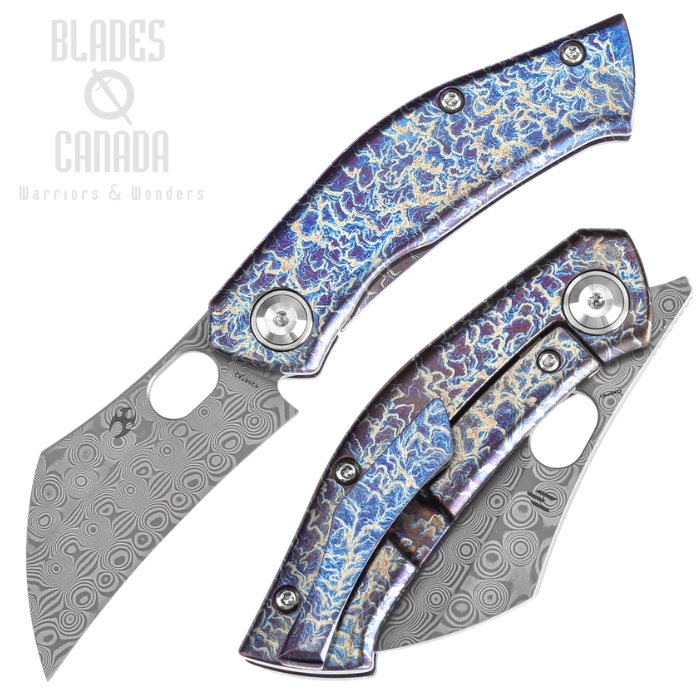 Kansept Osprey Flipper Framelock Knife, Damascus, Titanium Lightning Strike, K2087A2