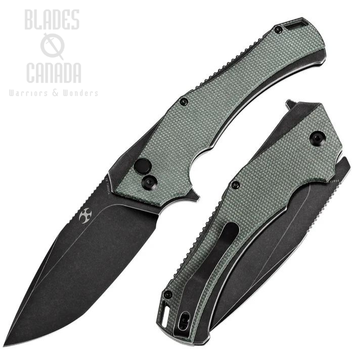 Kansept Hellx Flipper button Lock Knife, D2 Black SW, Micarta Green, T1008F1