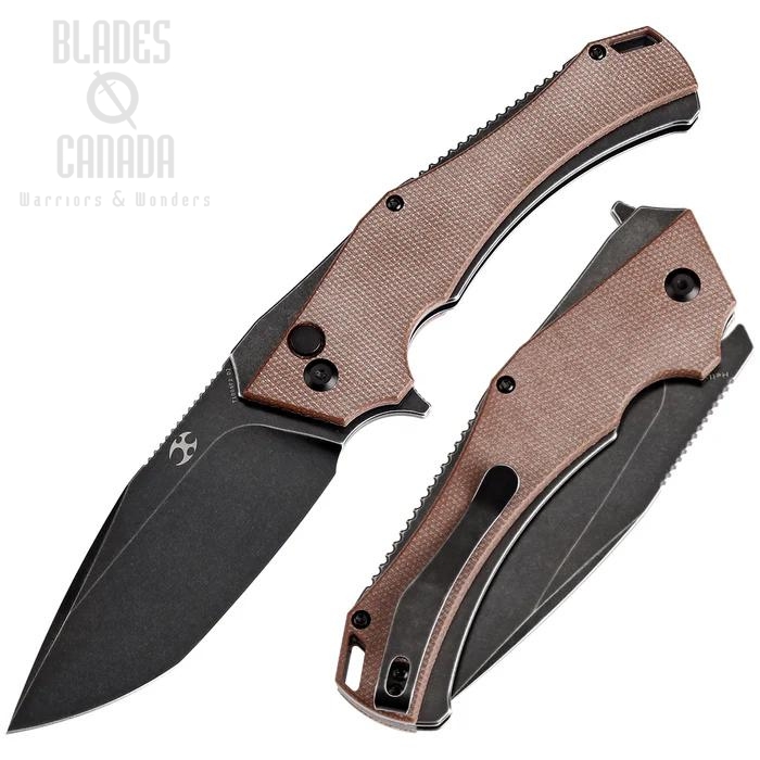 Kansept Hellx Flipper Button Lock Knife, D2 Black SW, Micarta Brown, T1008F2