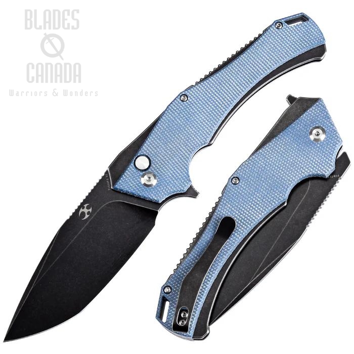 Kansept Hellx Flipper Button Lock Knife, D2 Black SW, Micarta Blue, T1008F3