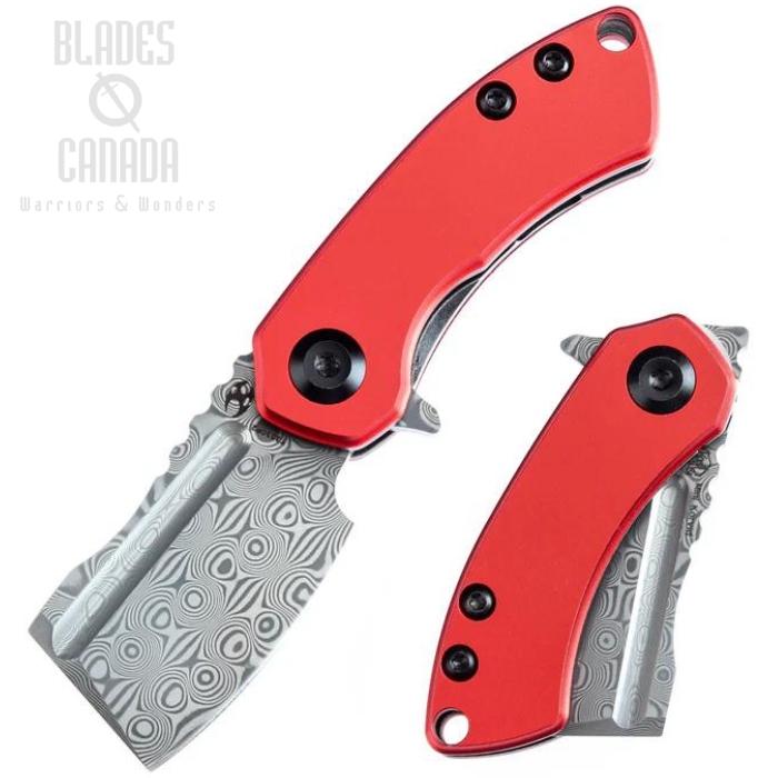 Kansept Mini Korvid Flipper Foldiing Knife, Damascus, Aluminum Red, T3030P2