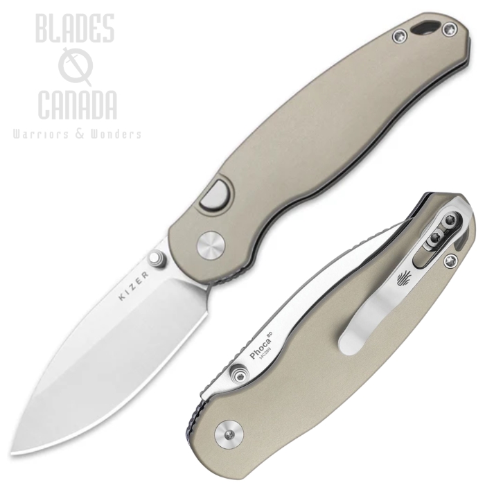 Kizer Phoca BD Button Lock Folding Knife, 14C28N Satin, Alumium Sand, KIV3781BDA2 (image for) Kizer Phoca BD Button Lock Folding Knife, 14C28N Satin, Alumium Sand, KIV3781BDA2
