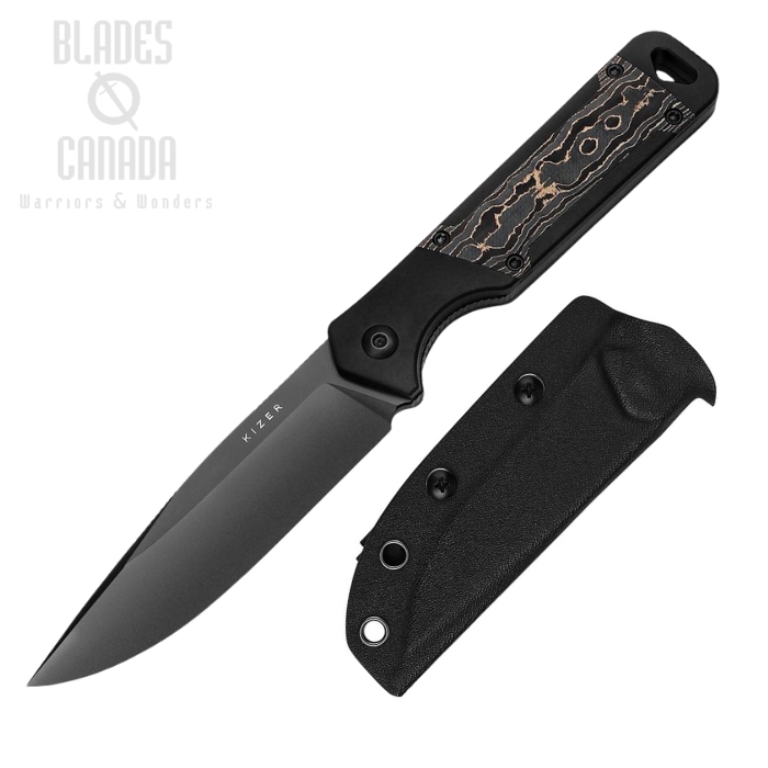 Kizer Militaw Fixed Blade Knife, S35VN Black SW, Aluminum Black/Gold CF Inlay, KI1067A1