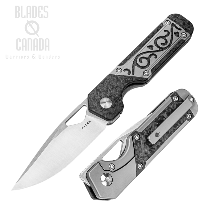 Kizer Mini Militaw Framelock Folding Knife, S45VN Satin, Carbon Fiber/Titanium Gray, KI3634SA4