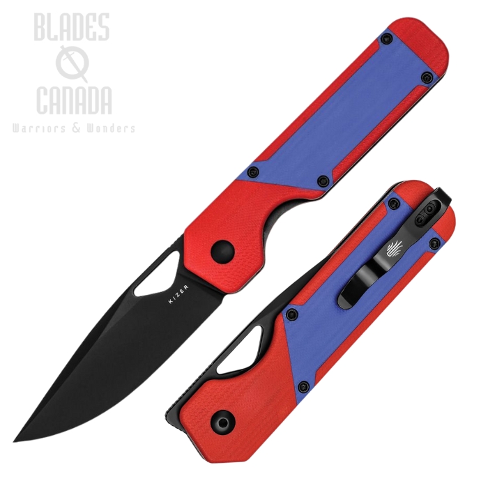 Kizer Militaw Framelock Folding Knife, Nitro-V Black, G10 Red/Blue, V3634A2