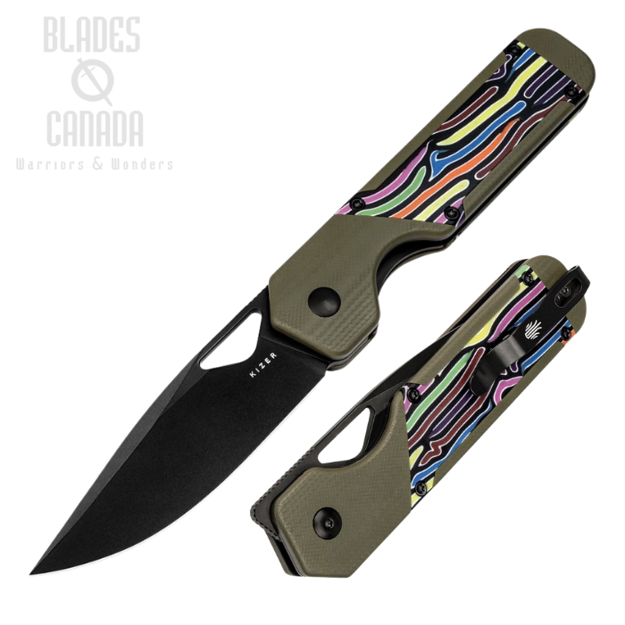 Kizer Mini Militaw Framelock Folding Knife, Nitro-V Black, G10 Green/Party Streamers, V3634A3