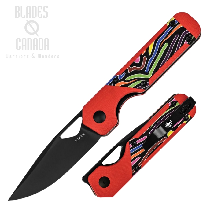 Kizer Mini Militaw Framelock Folding Knife, Nitro-V Black, G10 Red/Party Streamers, V3634SA2