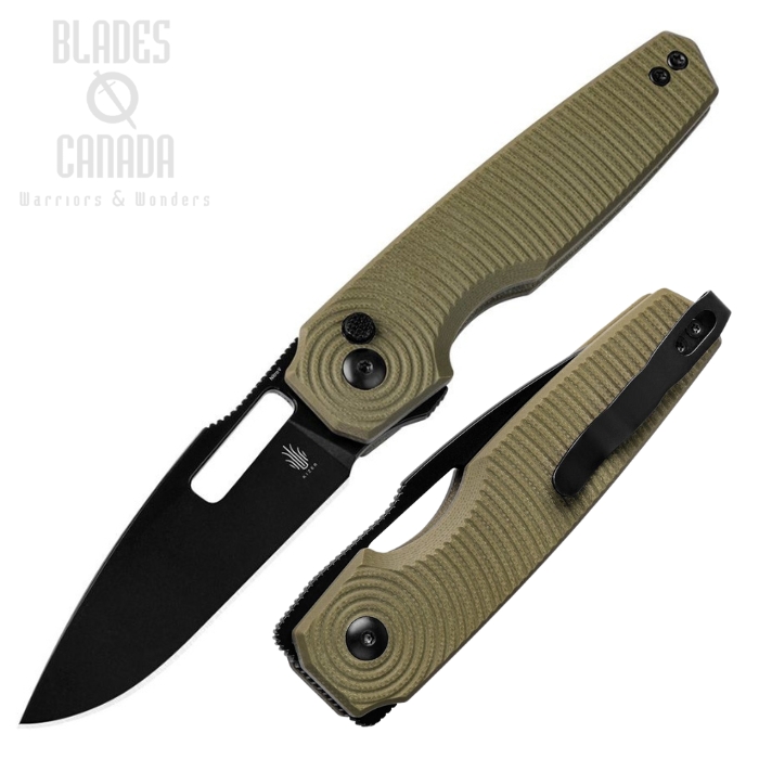 Kizer Dogfish Button Lock Folding Knife, Nitro-V Black, G10 OD Green, KIV3640A2