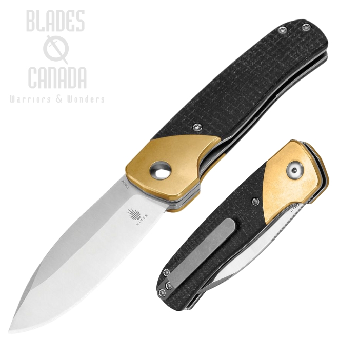 Kizer Gavel Folding Knife, 154CM Satin, Micarta Black w/Brass Bolsters, V3661C1