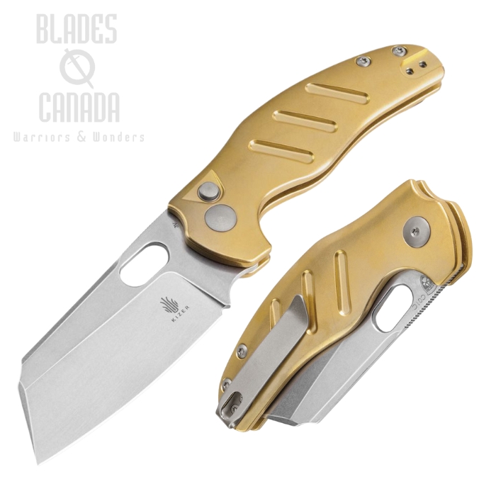 Kizer C01C Sheepdog Button Lock Folding Knife, CPM 3V SW, Brass, V4488BC2