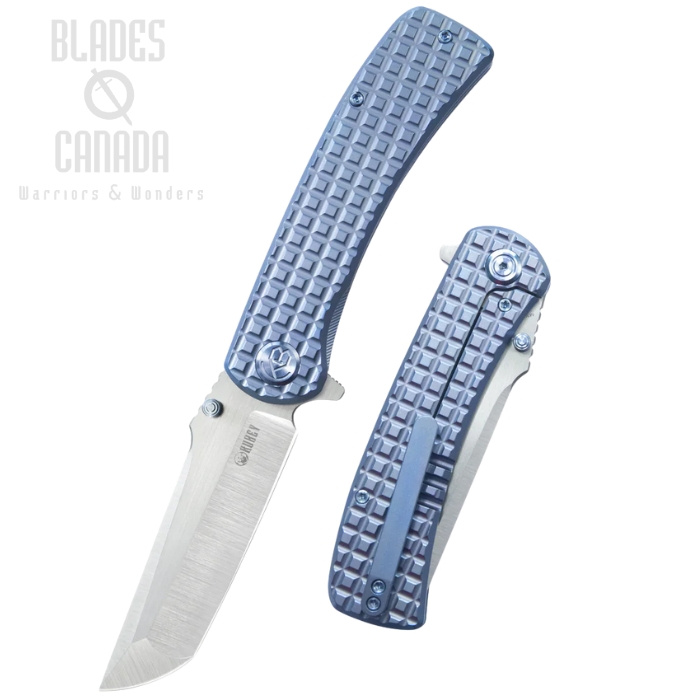 Kubey Interflow Flipper Framelock Knife, M390 Satin, Titanium Blue Frag, KB294B