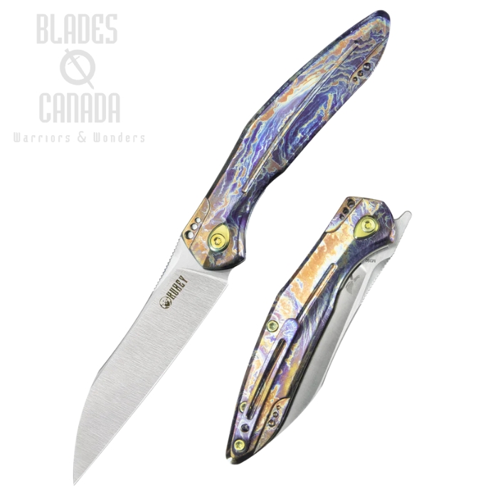 Kubey Barracuda Flipper Folding Knife, M390 Satin, Titanium Colourful Flame, KB299E