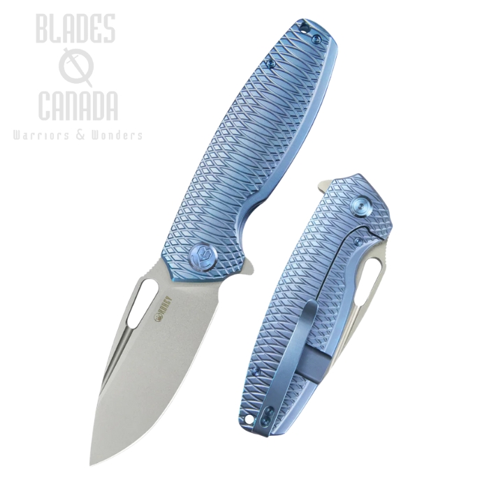 Kubey Tityus Flipper Framelock Knife, 14C28N Beadblast, Titanium Blue Pattern, KB360F