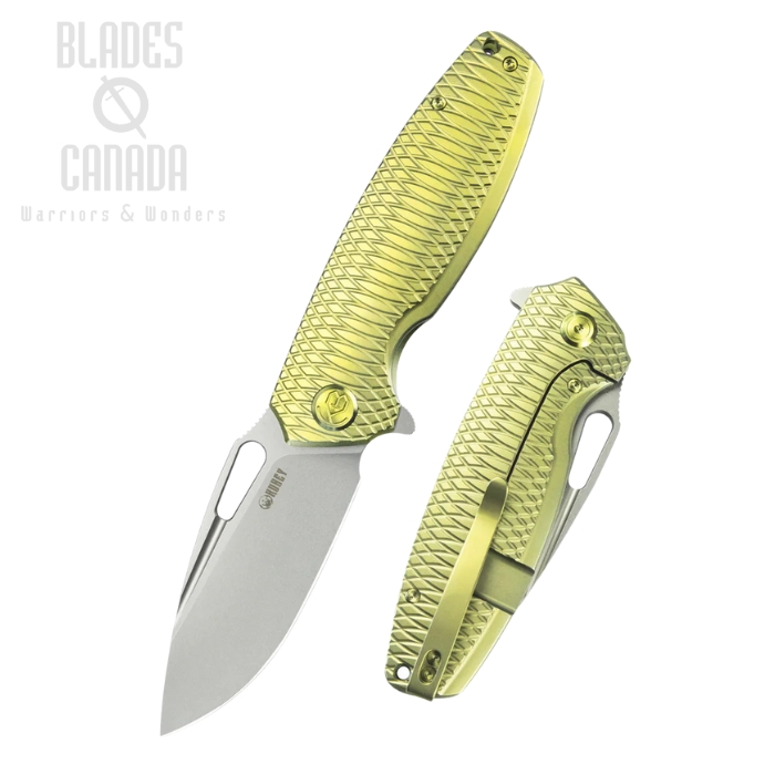 Kubey Tityus Flipper Framelock Folding Knife, 14C28N Beadblast, Titanium Gold Pattern, KB360G