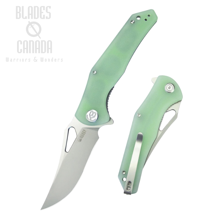 Kubey Phemius Flipper Folding Knife, 14C28N Sandblast, G10 Jade, KU149D