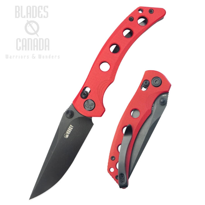 Kubey Hound Crossbar Lock Folding Knife, 14C28N Blackwash, G10 Red, KU172E