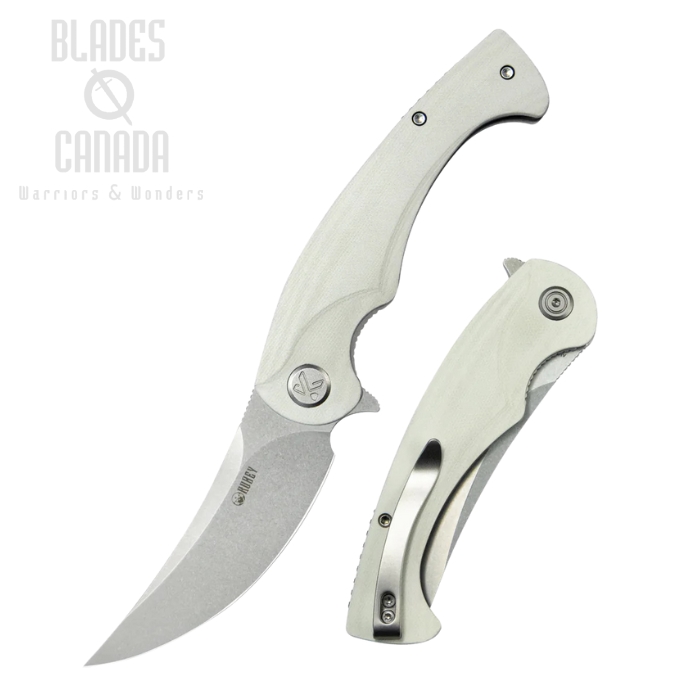 Kubey Scimitar Flipper Folding Knife, AUS10 Beadblast, G10 White, KU173C