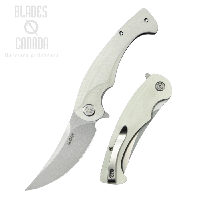 Kubey Scimitar Flipper Folding Knife, 14C28N Beadblast, G10 White, KU173I