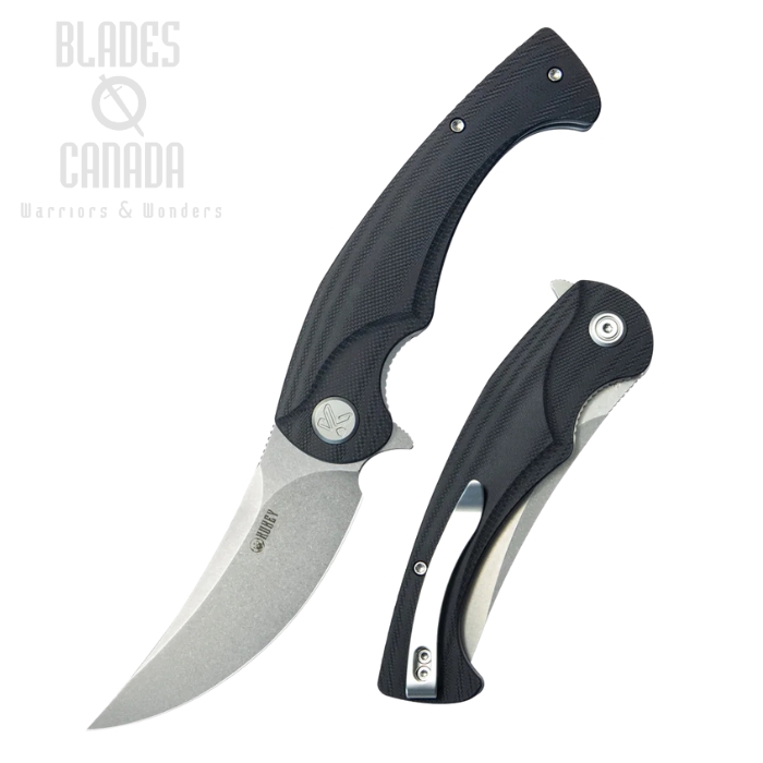 Kubey Scimitar Flipper Folding Knife, 14C28N Beadblast, G10 Black, KU173K