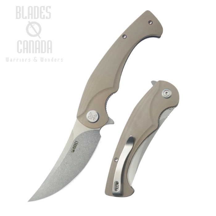 Kubey Scimitar Flipper Folding Knife, 14C28N Beadblast, G10 Tan, KU173M