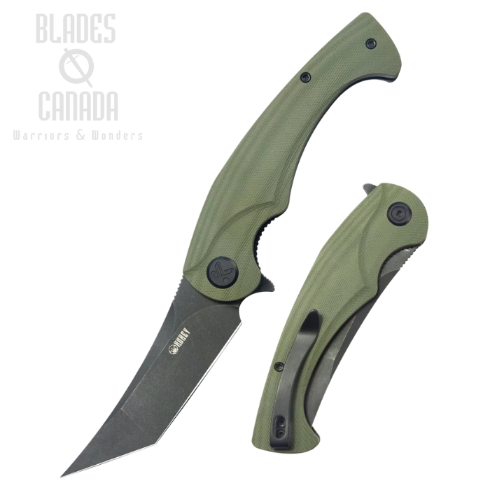 Kubey Scimitar Flipper Folding Knife, 14C28N Blackwash, G10 Green, KU175B