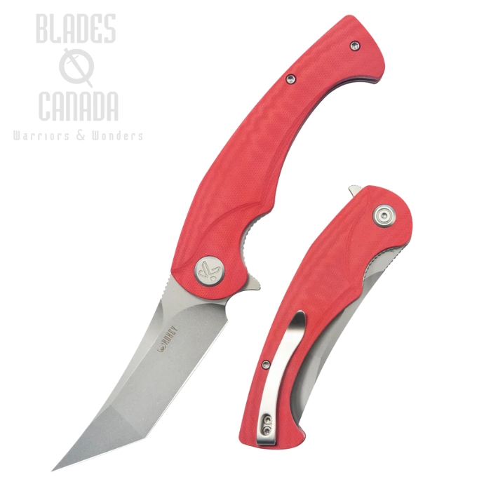 Kubey Scimitar Flipper Folding Knife, 14C28N Beadblast, G10 Red, KU175E