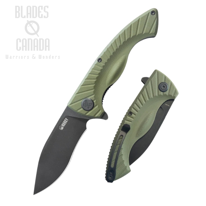 Kubey TImberwolf Flipper Folding Knife, 14C28N Blackwash, G10 Green, KU208J