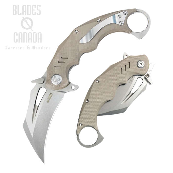 Kube Wrath Flipper Folding Karambit Knife, 14C28N Beadblast, G10 Tan, KU261C