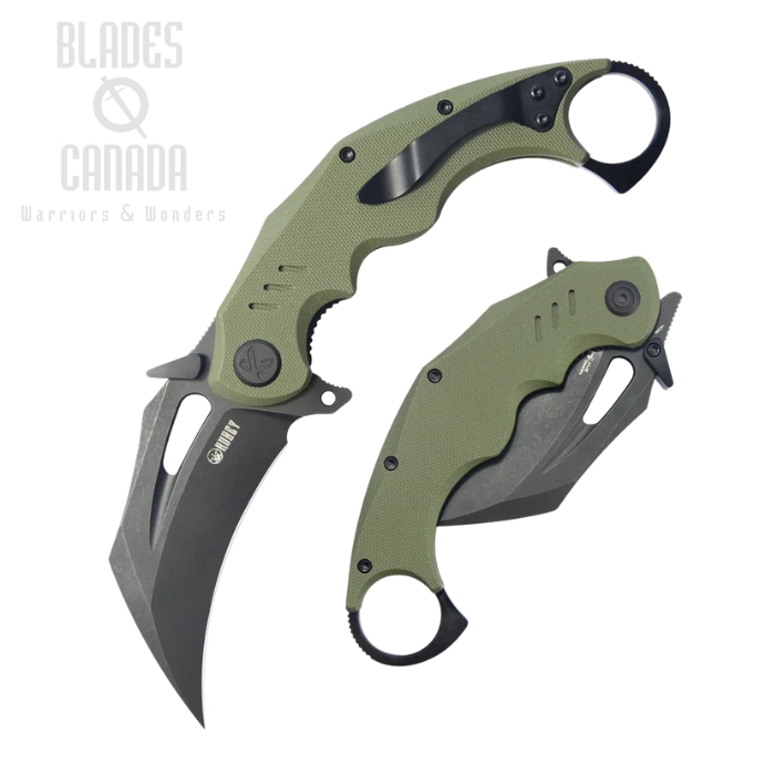 Kubey Wrath Flipper Folding Karambit Knife, 14C28N Blackwash, G10 Green, KU261F