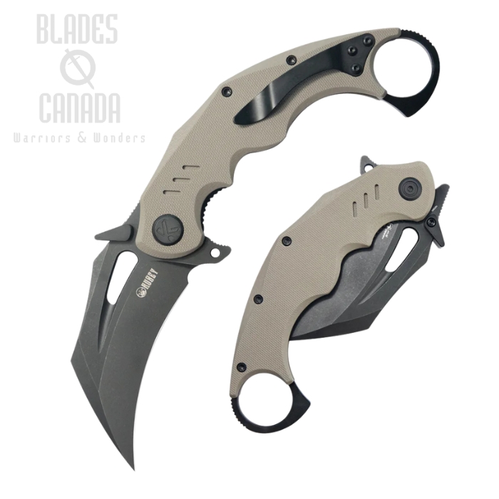 Kubey Wrath Flipper Folding Karambit Knife, 14C28N Blackwash, G10 Tan, KU261G