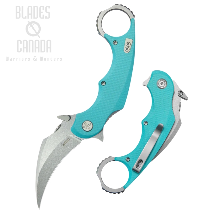 Kubey Rogue Pikal Flipper Karambit Knife, 14C28N Stonewash, G10 Tiffany Blue, KU298C