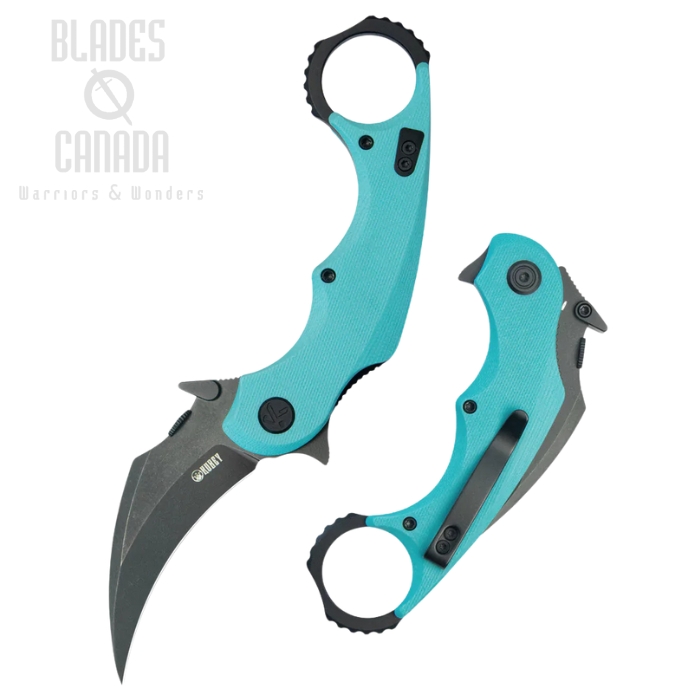 Kubey Rogue Pikal Flipper Karambit Knife, 14C28N Blackwash, G10 Tiffany Blue, KU298D