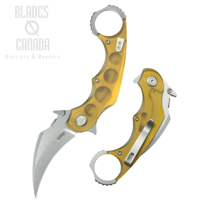 Kubey Rogue Pikal Flipper Karambit Knife, 14C28N Stonewash, Ultem Hanlde, KU298G